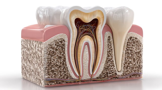 A detailed digital illustration of a tooth cut in half, showing the inner structure