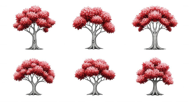 six stylized red leaf trees standing upright against a clean white background decorative or design applications