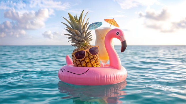 Inflatable flamingo float holding pineapple with sunglasses and exotic cocktail on calm ocean water. Summer holiday leisure concept in sunny tropical environment.