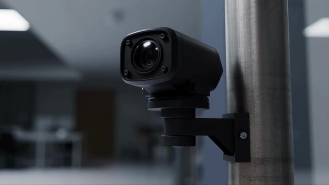 Close up surveillance camera mounted on metal pole in low light industrial setting