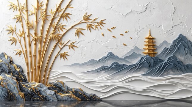 Three dimensional relief wall art featuring golden bamboo stalks beside traditional temple mountain landscape mural with layered mountain peaks against white background