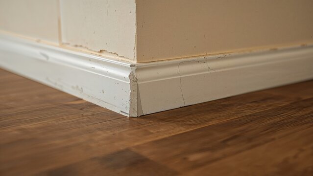 Close-up of a corner where the wall meets the baseboard and hardwood floor, showing paint chipping and damage.