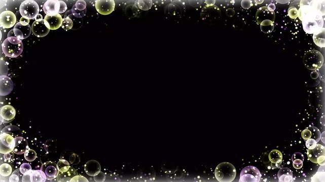 Frame soap bubble particles loop, glittering rectangle, Seamless loop soap animation. event festive happy new year holiday on black background, bubbles random motion design