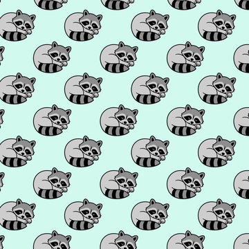 Cute baby raccoon sleeping illustration in a seamless vector repeat pattern design 