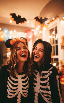Halloween Costume Party with Warm Lights and Pumpkins