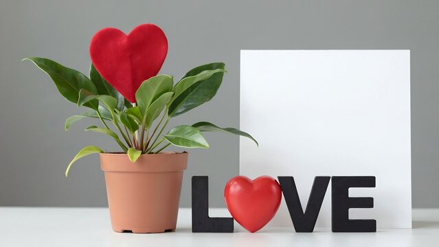 Love concept with potted plant red heart and blank greeting card on modern background