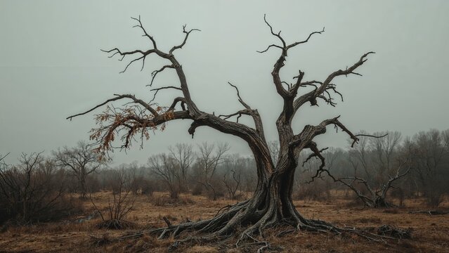 A solitary, leafless tree with twisted branches standing in a barren landscape.