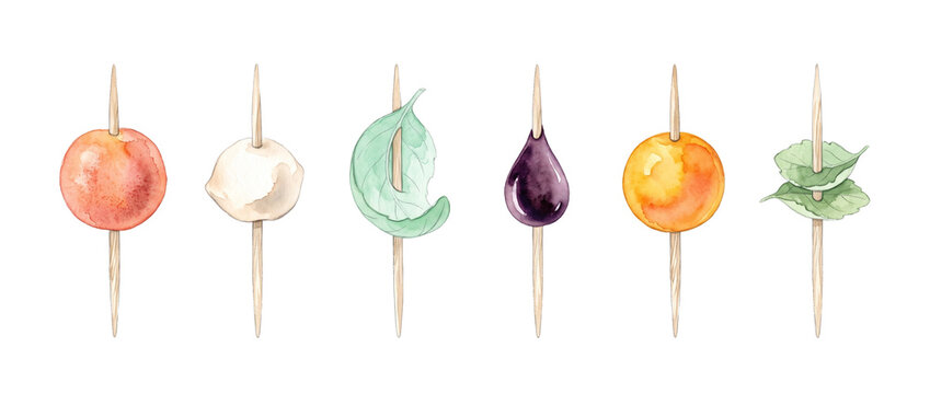 Watercolor caprese skewers appetizer elements isolated on white background. Hand painted cherry tomato mozzarella basil olive tapas ingredients for gourmet culinary design, menu, recipe illustration.