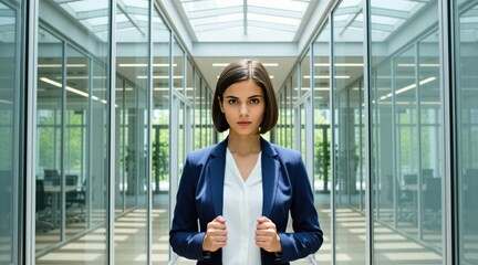 Fototapeta premium Young brunette businesswoman stands in modern office hallway wearing blue suit. Serious female pro looks at camera with confident gaze. Successful manager poses in bright glass corporate building