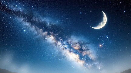 Naklejka premium Night sky with glowing crescent moon, milky way galaxy stars. Dark blue deep cosmos view filled with shiny constellation lights. Fantasy space background for spiritual astrology cards holiday