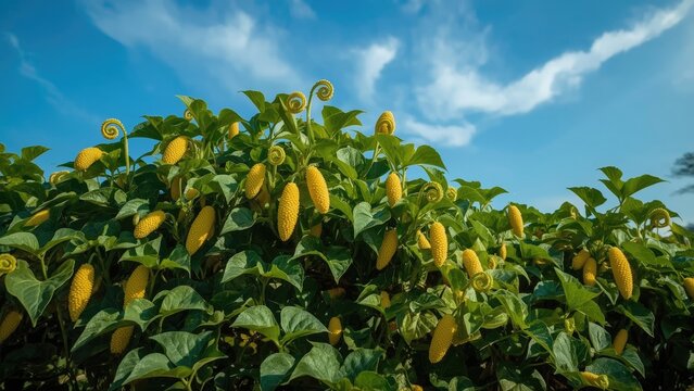 Yellow soursop fruits on a lush green tree against a bright blue sky with clouds.