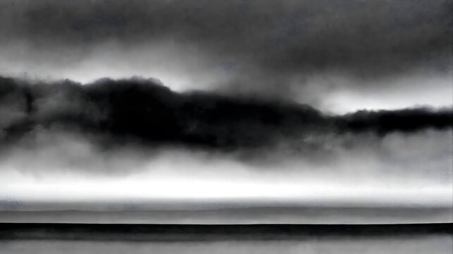 Dark, misty, mysterious landscape with thick fog hanging over horizon, abstract black and white panorama, ominous atmosphere.