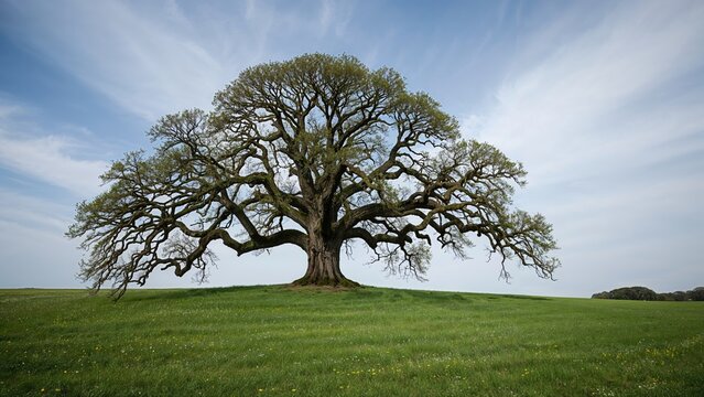 A solitary large tree with expansive branches standing in a grassy field under a partly cloudy sky.