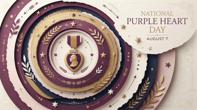 National Purple Heart Day August 7 commemorative banner, military medal with George Washington profile, elegant paper cut style veteran tribute