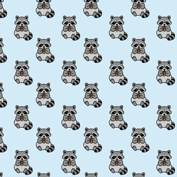 Cute raccoon cartoon illustration eating an acorn in a seamless repeat pattern 