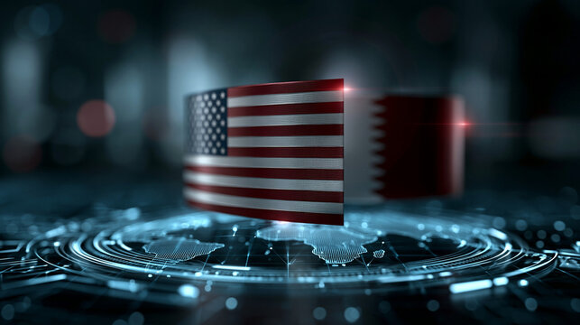 Digital representation of united states and qatar flags on a futuristic interface with global connectivity theme