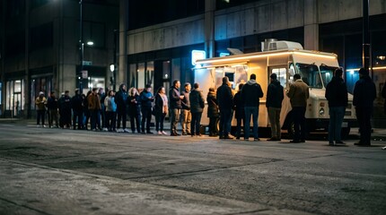 Fototapeta premium People waiting in line at a food truck on a city street at night