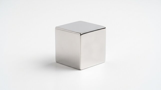 minimalist metal cube paperweight isolated on clean background representing modern office accessories, desk organization and geometric design concept