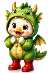 Fototapeta premium Funny Cute Baby Duck Wearing Green Dino Suit and Red Boots 3D Character Illustration