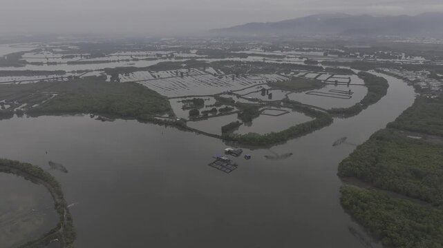 view of oyster farming rafts on the river in Long Son, near Ho Chi Minh City, Vietnam.