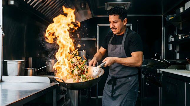 Professional chef cooking stir fry with flames in a restaurant kitchen