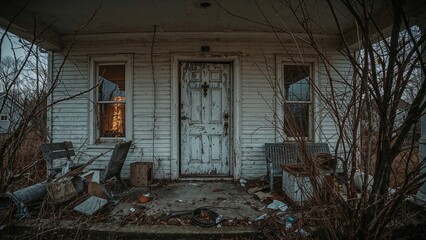 Fototapeta premium Abandoned house front porch with overgrown trees, broken furniture, and weathered door. An old, neglected residence. Decay and neglect in a once-lived-in home.
