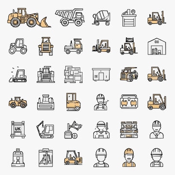 Modern Monochromatic Line Drawing Icons Set of Construction Equipment Forklifts Workers and Warehouse Elements in Light Beige and Black
