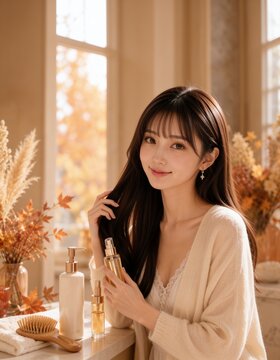 秋色の室内でヘアオイルを持ちロングヘアをケアする若いアジア人女性