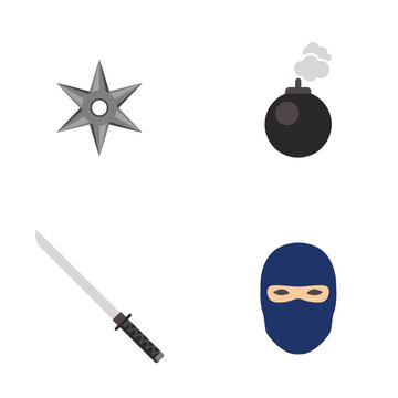 Ninja stealth tools and weaponry set featuring shuriken throwing star explosive bomb katana sword and masked ninja head for action games
