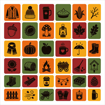 Autumn and fall season icon set featuring cozy winter clothing harvest food and nature symbols.