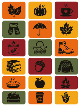 Collection of autumn and fall season icons featuring cozy elements like pumpkin leaves sweater and hot drinks.