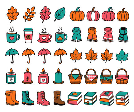 Cute autumn sticker set with cozy fall elements like pumpkins leaves mugs candles boots and books.