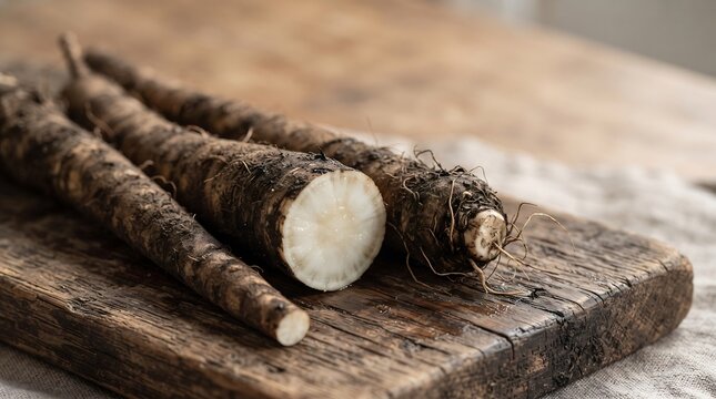 Burdock root scorzonera on wooden cutting board with soil and cross section showing white inner flesh.