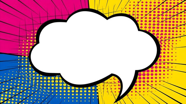 Fun Pop Art Comic Style Background Slide Template, Huge Blank Abstract Speech Bubble Bright Magenta Yellow Royal Blue Benday Dots Vector Design