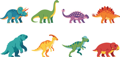 Fototapeta premium Prehistoric Dinosaur Species Cartoon Character Collection Educational Vector Illustration Set
