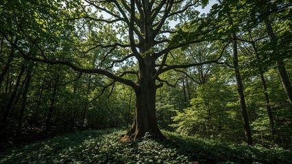 Fototapeta premium A large tree in the middle of a lush green forest with sunlight filtering through the leaves.