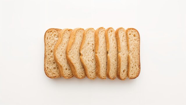 Slices of bread arranged in a row on a white background.