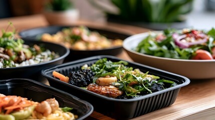 Obraz premium Freshly prepared meal containers filled with colorful salads and proteins arranged on a wooden surface