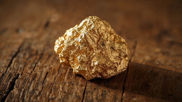 Gold nugget on wooden surface with a rough texture and metallic luster.