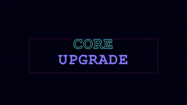 Core upgrade digital text animation on dark grid 4k background, for technology and, software development concepts