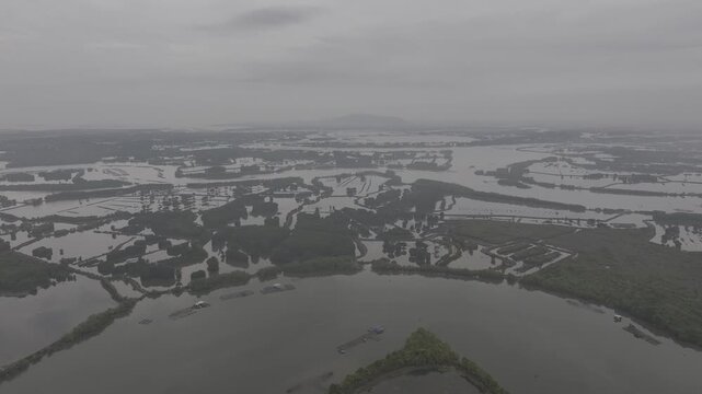 view of oyster farming rafts on the river in Long Son, near Ho Chi Minh City, Vietnam.