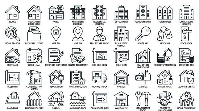 Set of 45 Building and Architecture Outline Icons with Editable Stroke for House Design, Construction, Real Estate, and Urban Planning Vector Collection