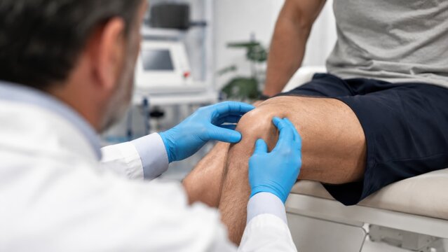 Orthopedic doctor examining patient's knee in medical clinic