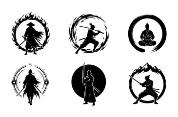 70 Samurai Warrior Icons, Japanese Bushido Spirit, Martial Arts Silhouette Collection, Black and White Combat Emblems 100 © Victor