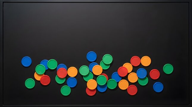 Colorful plastic game counters scattered on a black chalkboard surface