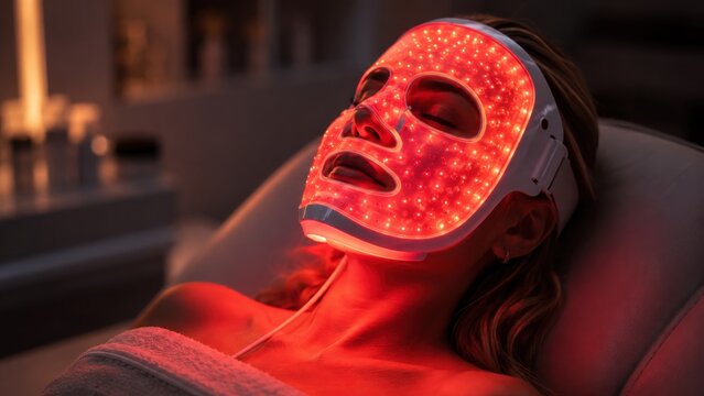 Woman using red LED light therapy mask in spa
