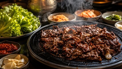 Obraz premium Sizzling Korean bulgogi beef grilling on tabletop grill