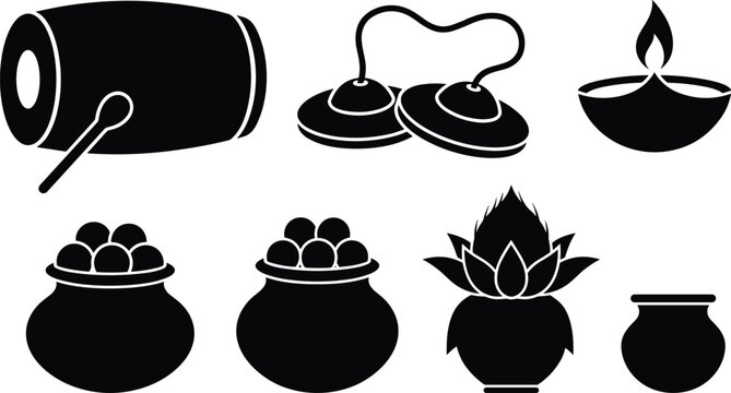 Indian festival ritual elements silhouette set including dhol drum kalash pot diya oil lamp manjira cymbals and sweet laddus