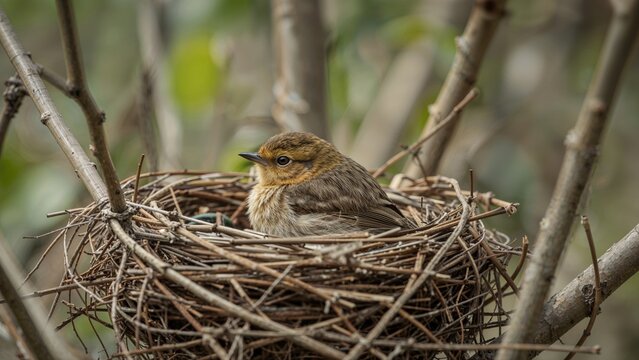 A small bird sitting in a nest constructed of twigs, nestled among tree branches.