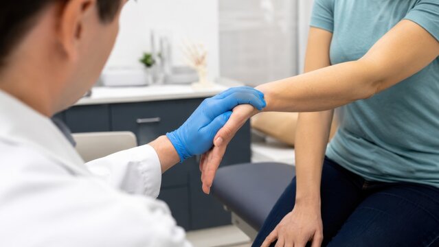 Doctor performing wrist flexion test on patient